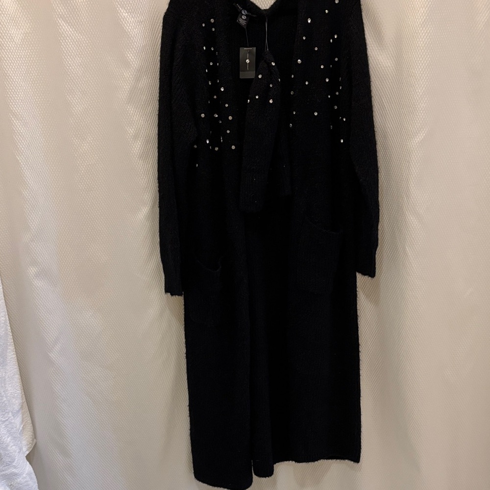 Ashley Stewart Black Cardigan with rhinestone Accents and matching hat.